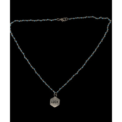 Lucky Charm Reversible Pendant Necklace Blue Silver Beaded Chain