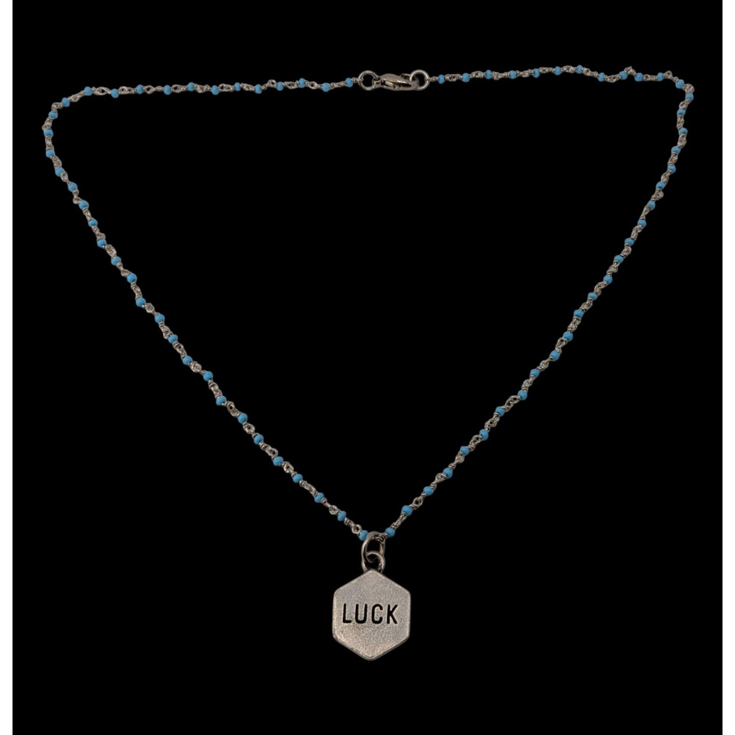 Lucky Charm Reversible Pendant Necklace Blue Silver Beaded Chain