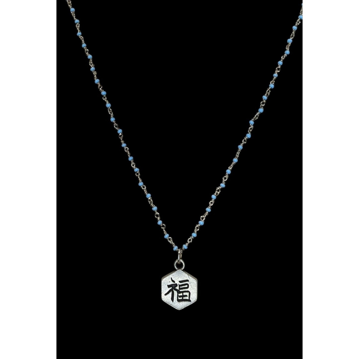 Lucky Charm Reversible Pendant Necklace Blue Silver Beaded Chain