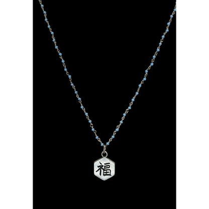 Lucky Charm Reversible Pendant Necklace Blue Silver Beaded Chain