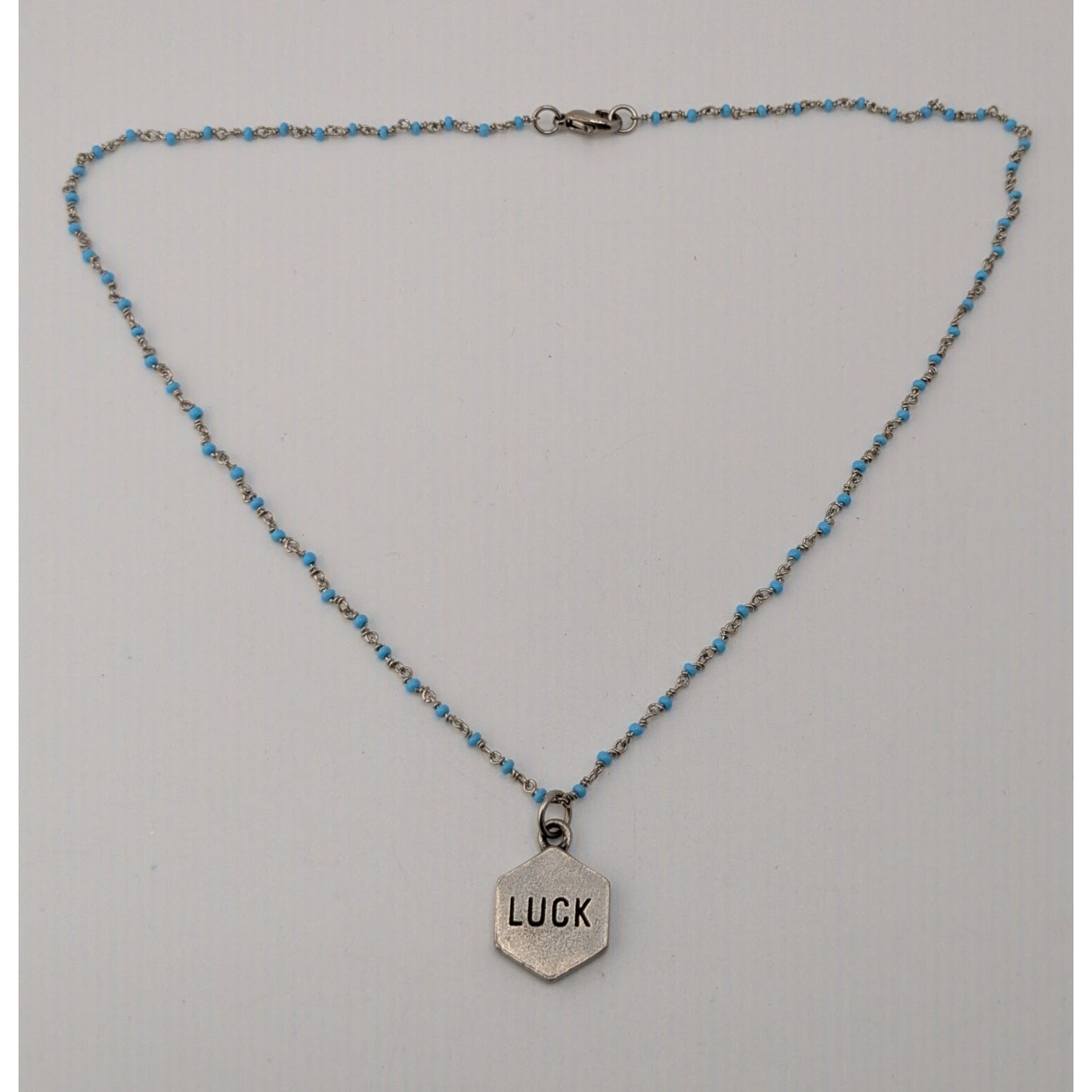 Lucky Charm Reversible Pendant Necklace Blue Silver Beaded Chain
