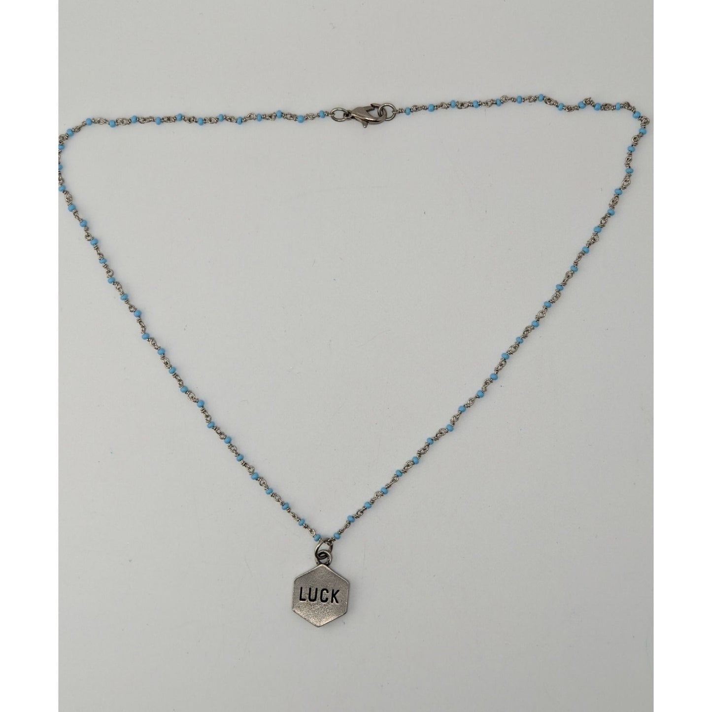 Lucky Charm Reversible Pendant Necklace Blue Silver Beaded Chain