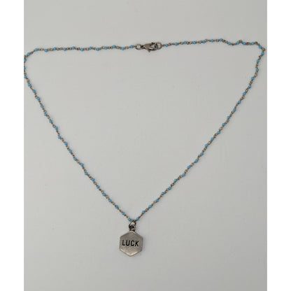 Lucky Charm Reversible Pendant Necklace Blue Silver Beaded Chain