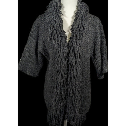 Kenar Italy Vintage Open Front Black Fringe Neck Cardigan Size Medium