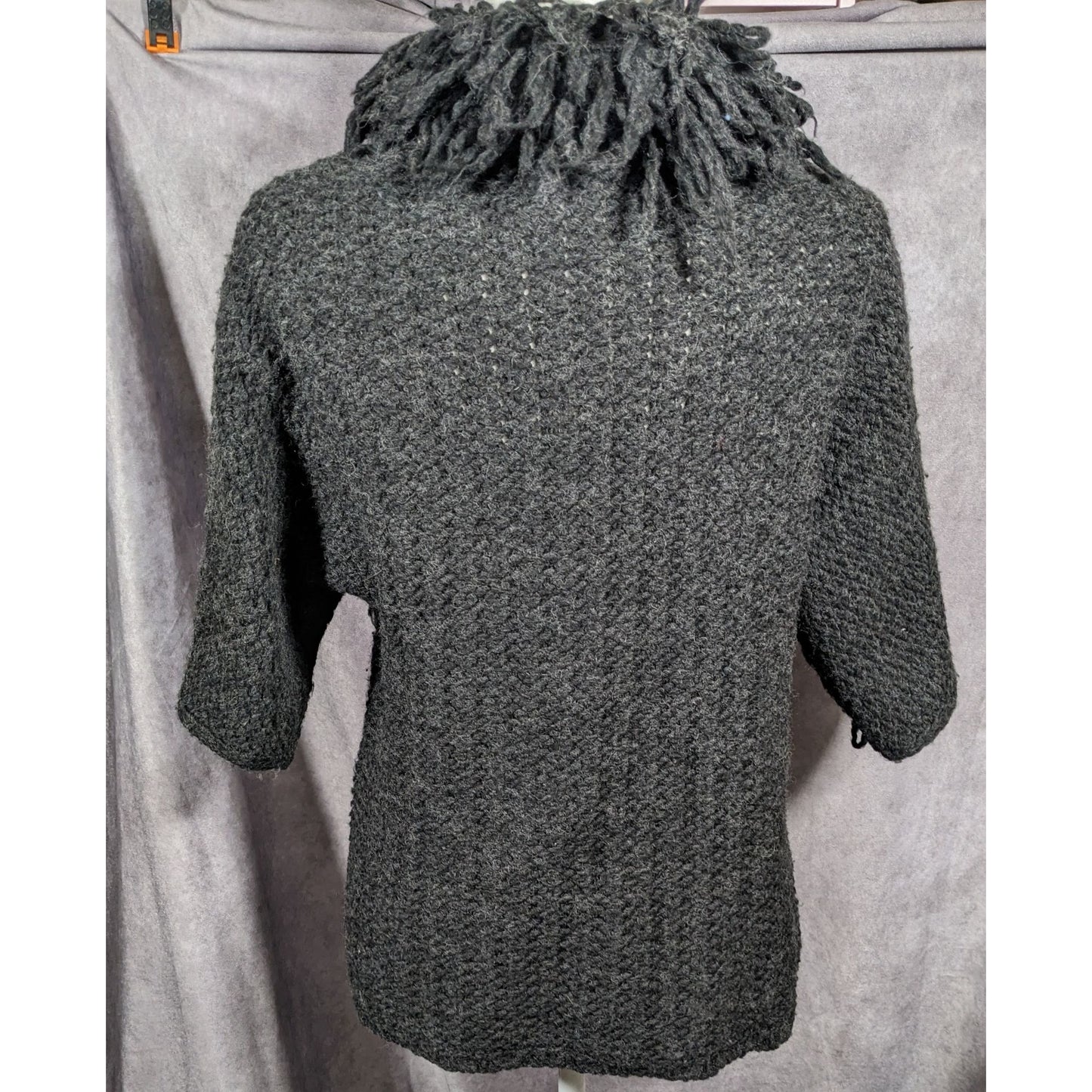 Kenar Italy Vintage Open Front Black Fringe Neck Cardigan Size Medium