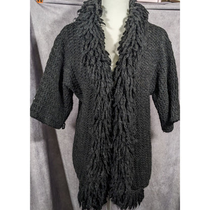 Kenar Italy Vintage Open Front Black Fringe Neck Cardigan Size Medium