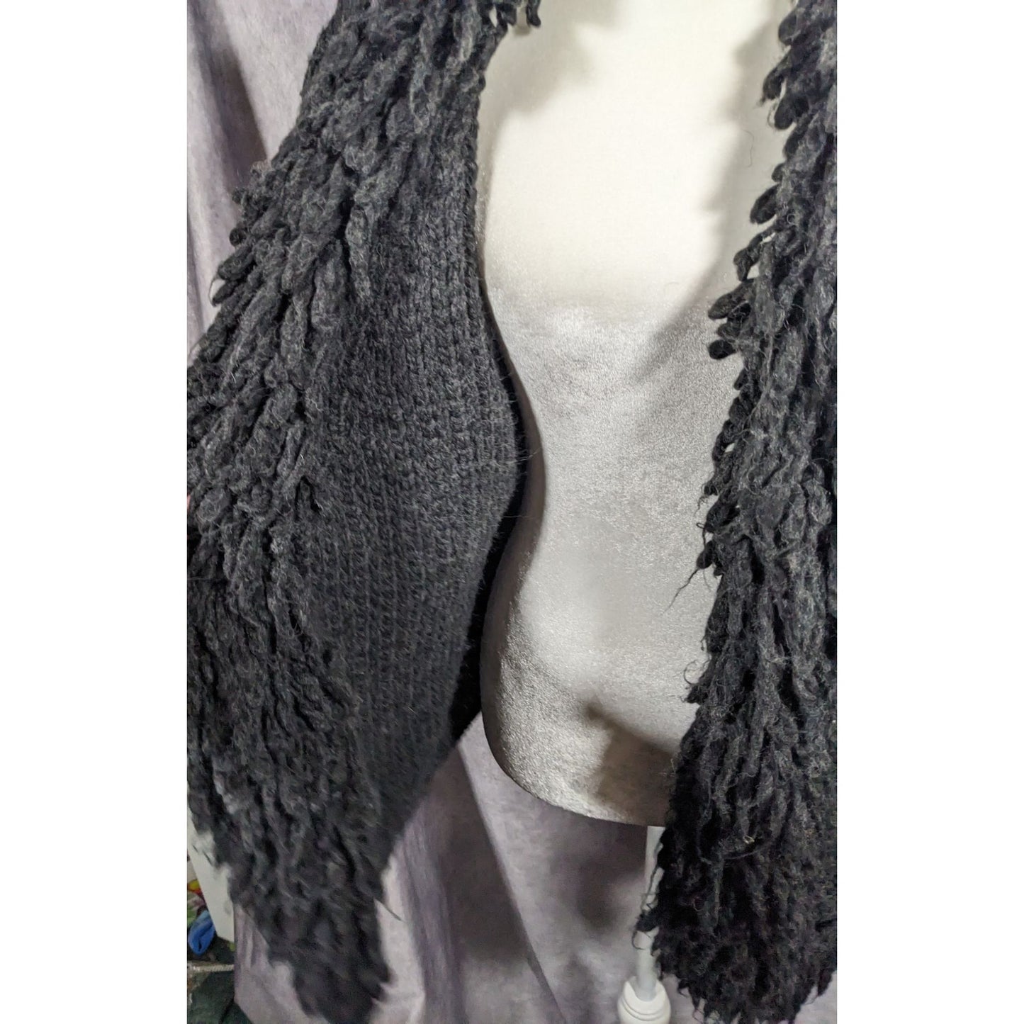 Kenar Italy Vintage Open Front Black Fringe Neck Cardigan Size Medium