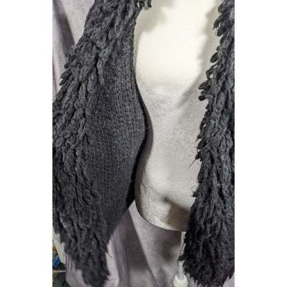Kenar Italy Vintage Open Front Black Fringe Neck Cardigan Size Medium
