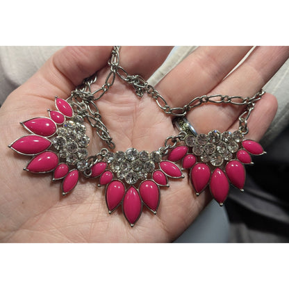 Y2K Floral Glam Pink And Silver Tone Statement Necklace