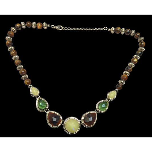 Vintage Brown And Green Gemmed Necklace With Brown And Silver Tone Beads