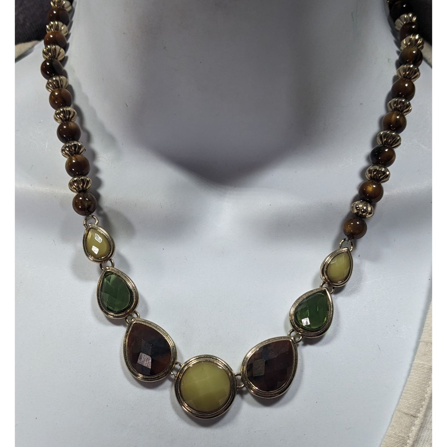 Vintage Brown And Green Gemmed Necklace With Brown And Silver Tone Beads