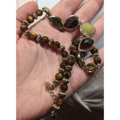Vintage Brown And Green Gemmed Necklace With Brown And Silver Tone Beads