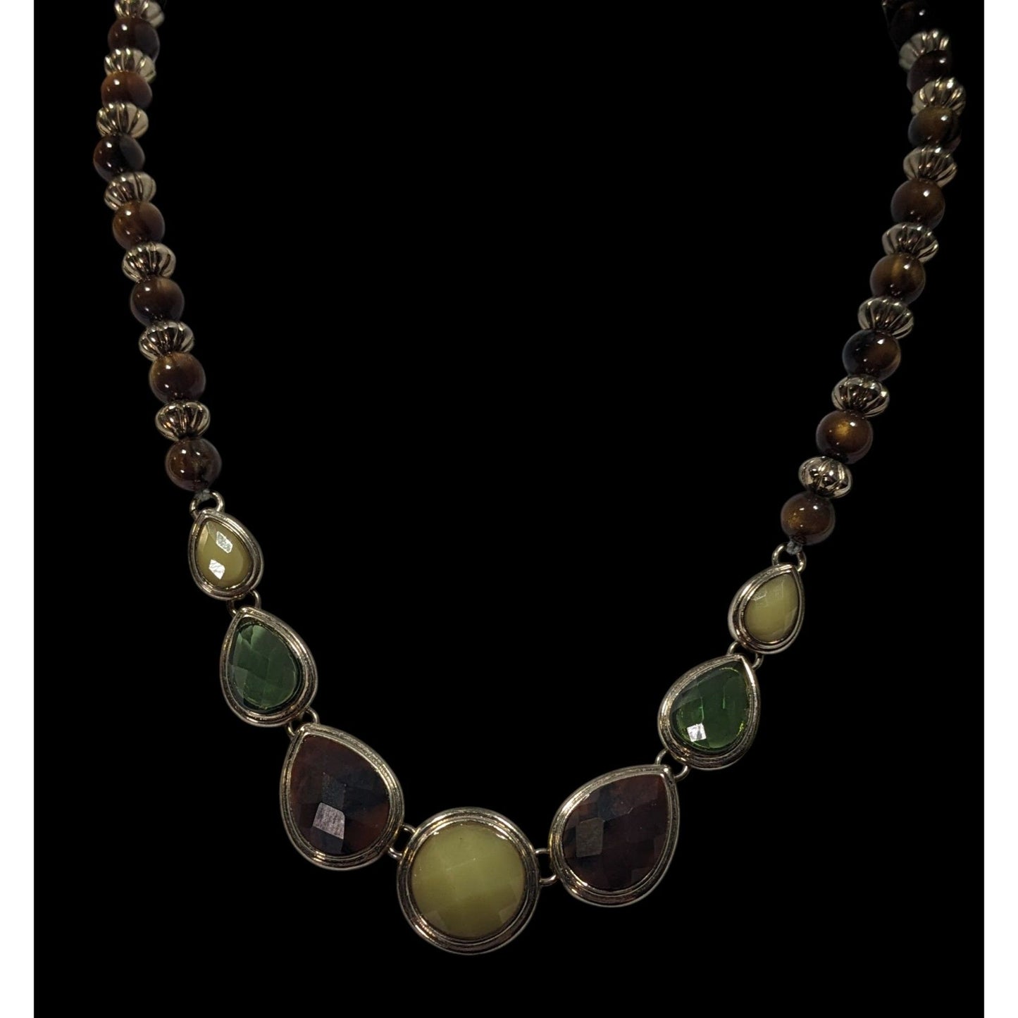 Vintage Brown And Green Gemmed Necklace With Brown And Silver Tone Beads