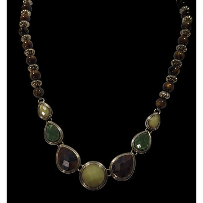 Vintage Brown And Green Gemmed Necklace With Brown And Silver Tone Beads