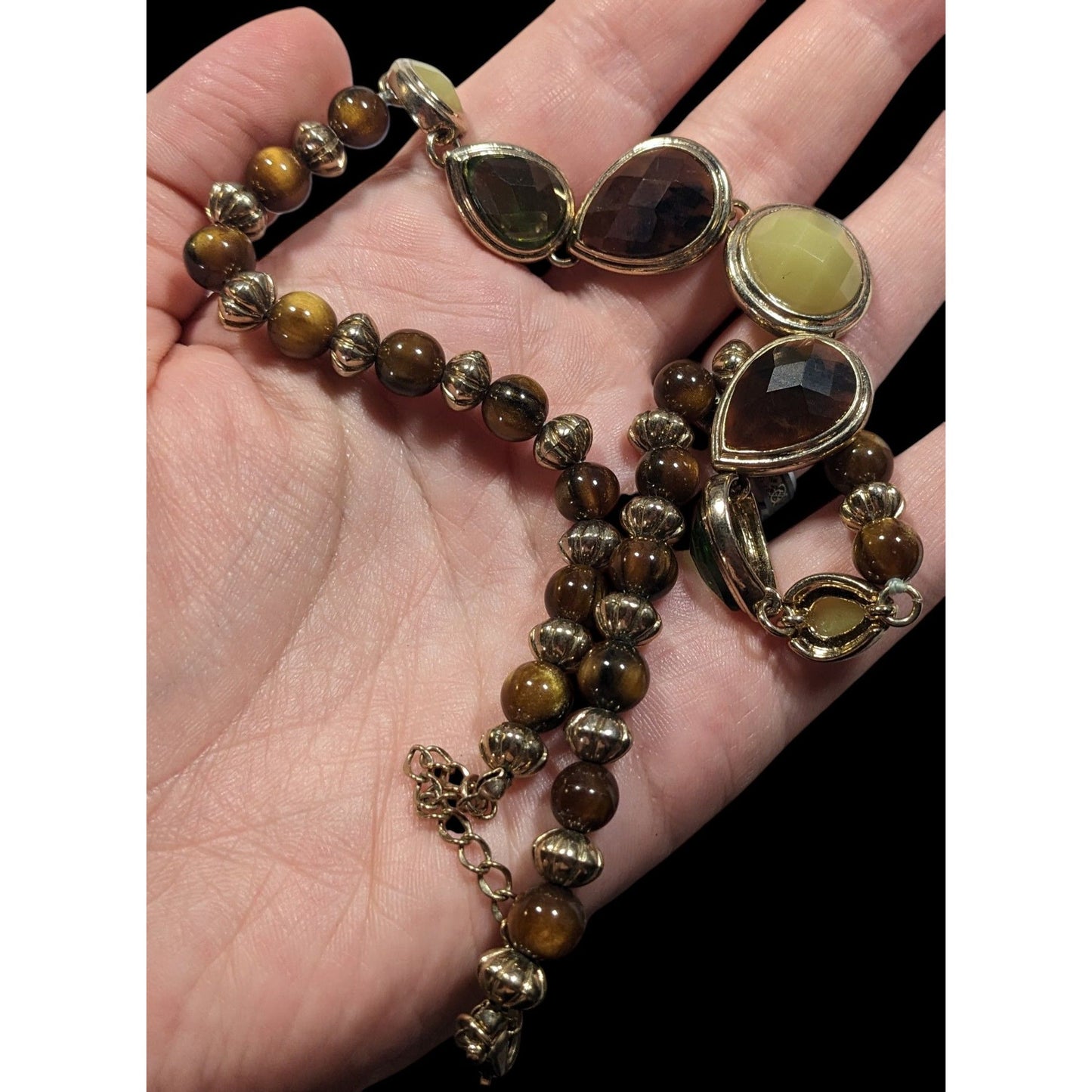 Vintage Brown And Green Gemmed Necklace With Brown And Silver Tone Beads