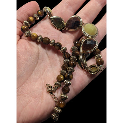 Vintage Brown And Green Gemmed Necklace With Brown And Silver Tone Beads