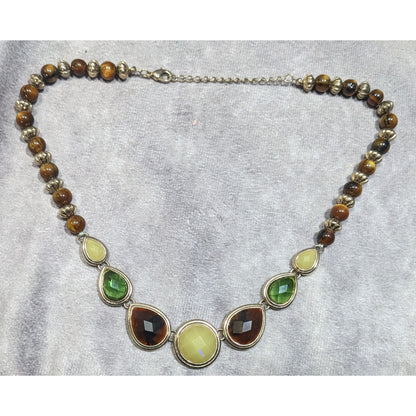 Vintage Brown And Green Gemmed Necklace With Brown And Silver Tone Beads