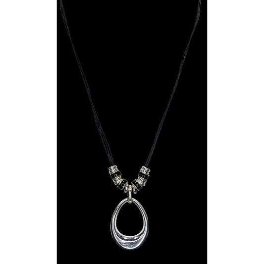 Modern Teardrop Silver-Tone Pendant Necklace With Black Cord & Bead Accents Adjustable