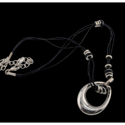 Modern Teardrop Silver-Tone Pendant Necklace With Black Cord & Bead Accents Adjustable