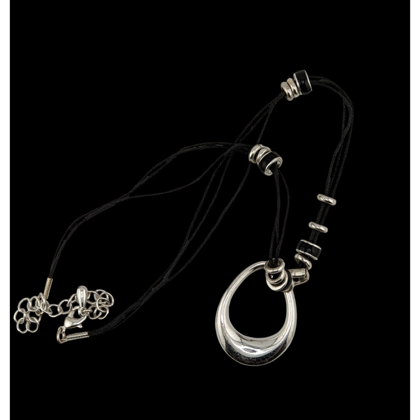 Modern Teardrop Silver-Tone Pendant Necklace With Black Cord & Bead Accents Adjustable