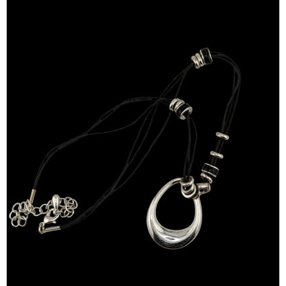 Modern Teardrop Silver-Tone Pendant Necklace With Black Cord & Bead Accents Adjustable