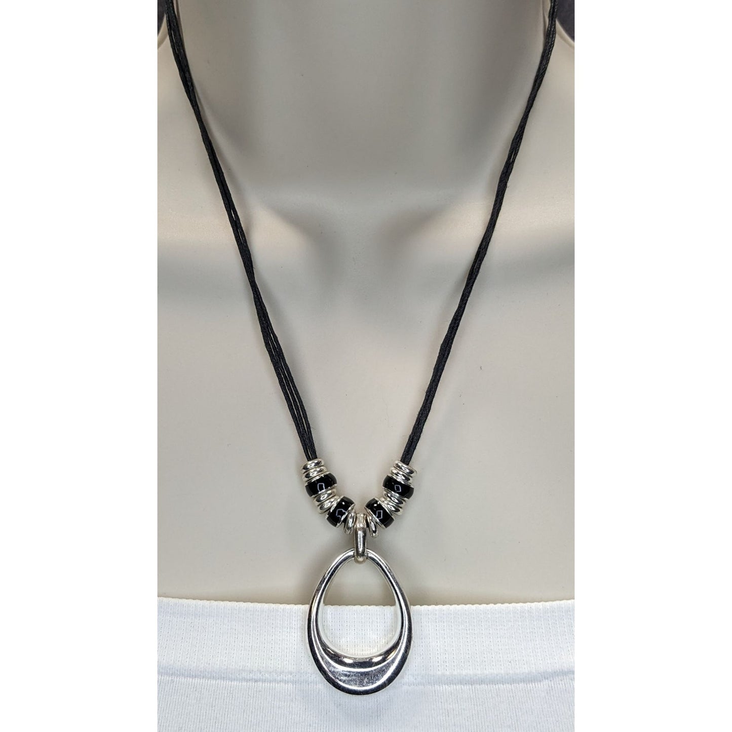 Modern Teardrop Silver-Tone Pendant Necklace With Black Cord & Bead Accents Adjustable