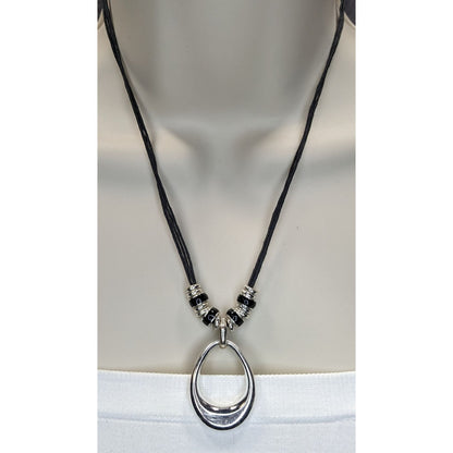 Modern Teardrop Silver-Tone Pendant Necklace With Black Cord & Bead Accents Adjustable