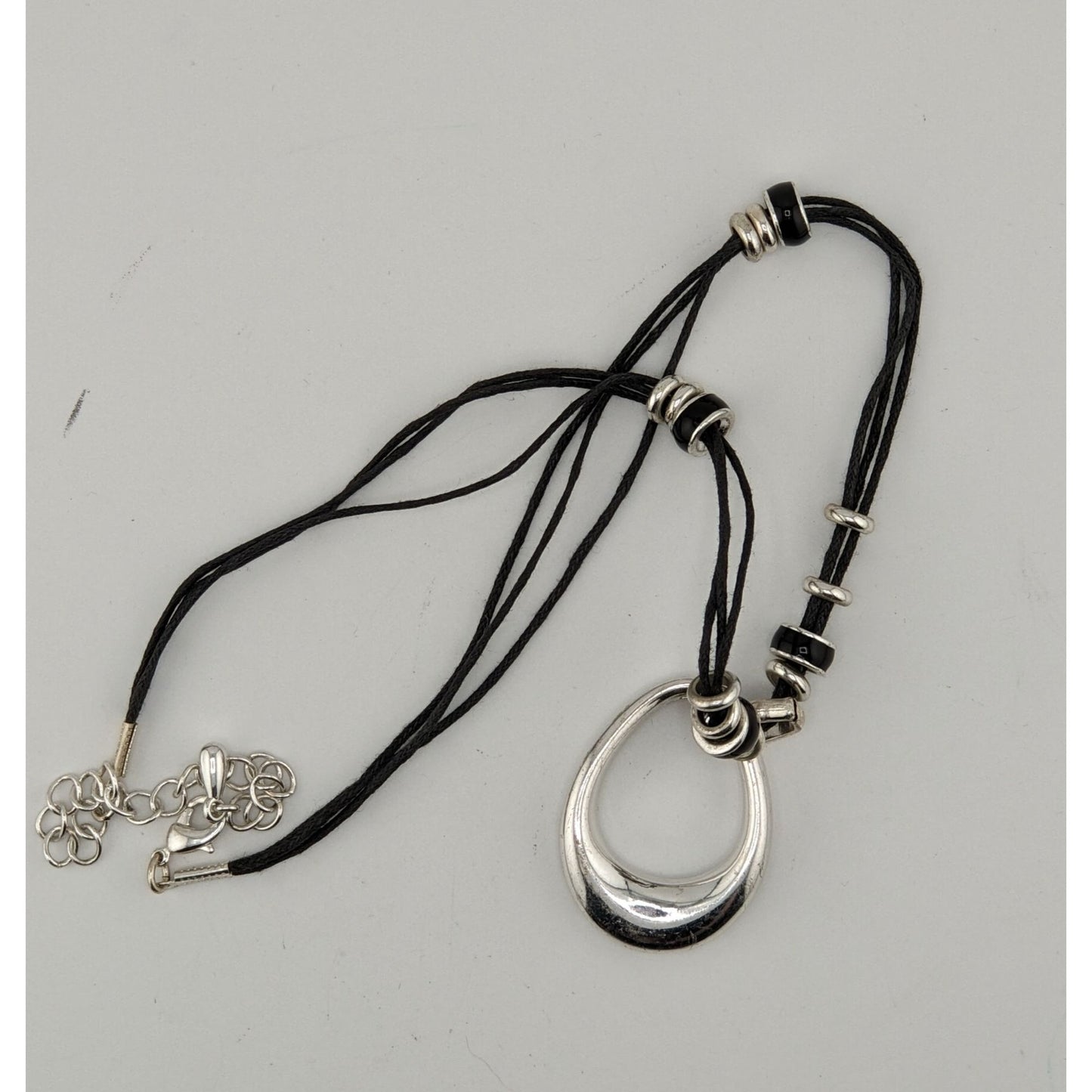 Modern Teardrop Silver-Tone Pendant Necklace With Black Cord & Bead Accents Adjustable