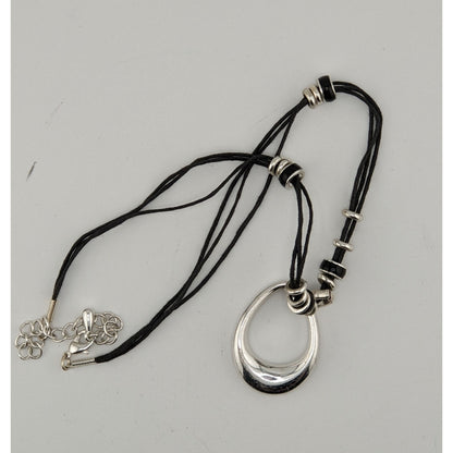 Modern Teardrop Silver-Tone Pendant Necklace With Black Cord & Bead Accents Adjustable