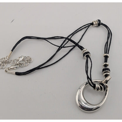 Modern Teardrop Silver-Tone Pendant Necklace With Black Cord & Bead Accents Adjustable
