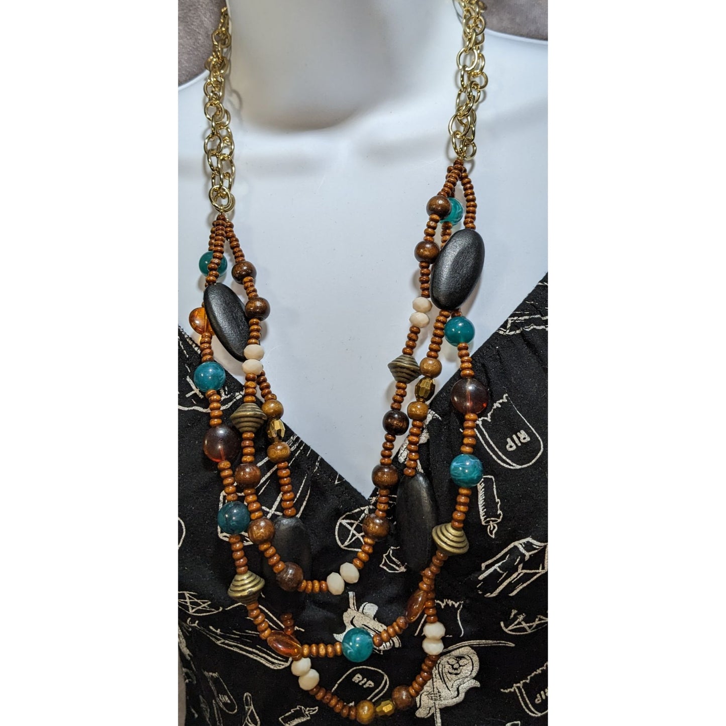 Multi Strand Wood Beaded Necklace Boho Statement Gold Chain Tribal Jewelry