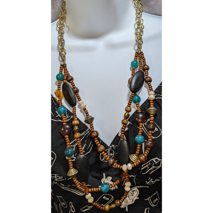 Multi Strand Wood Beaded Necklace Boho Statement Gold Chain Tribal Jewelry