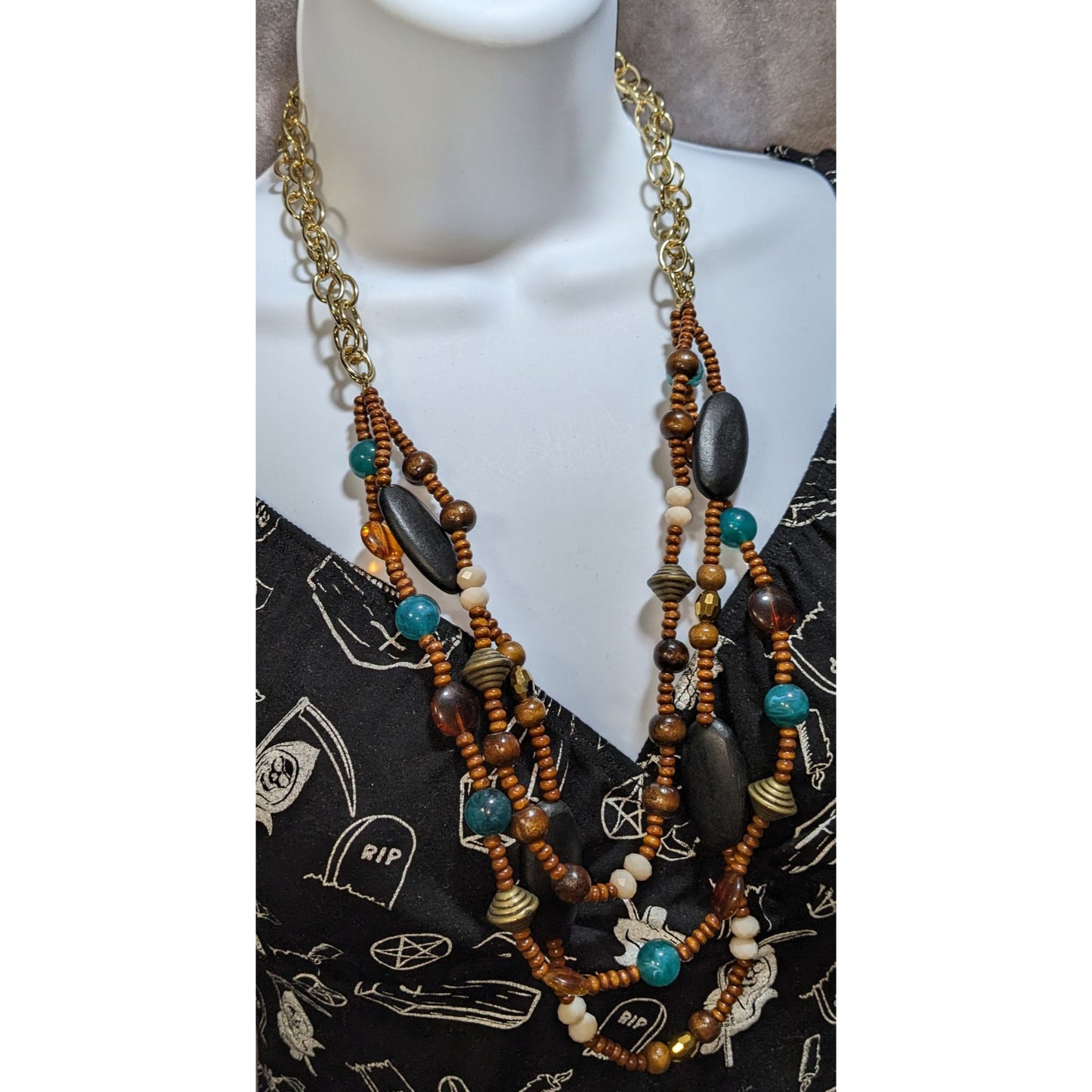 Multi Strand Wood Beaded Necklace Boho Statement Gold Chain Tribal Jewelry