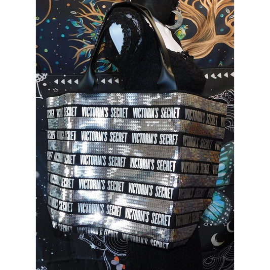 Victoria's Secret Black And Silver Sequin Tote With Wristlet