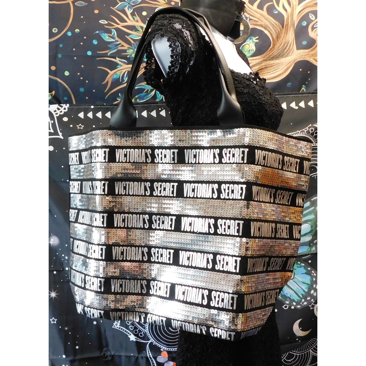 Victoria's Secret Black And Silver Sequin Tote With Wristlet