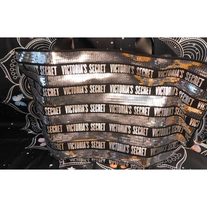 Victoria's Secret Black And Silver Sequin Tote With Wristlet