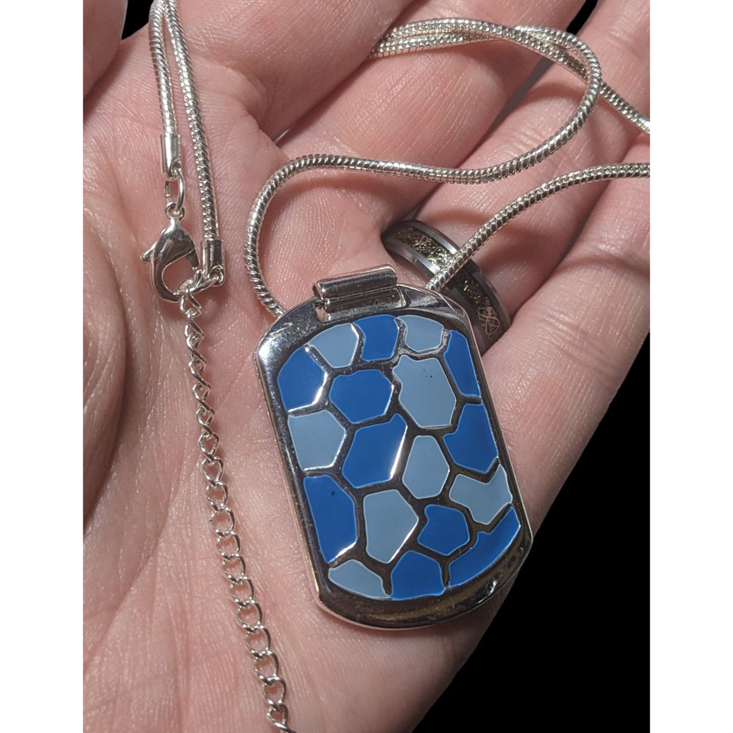 Abstract Blue And Silver Enamel Pendant Necklace