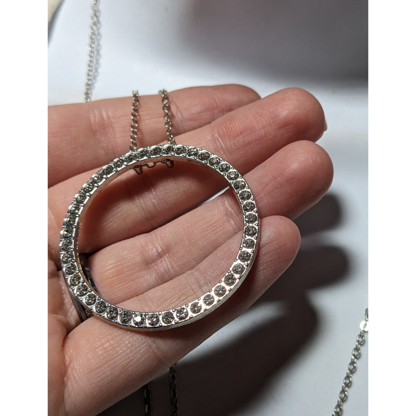 Silver Rhinestone Open Circle Pendant Necklace