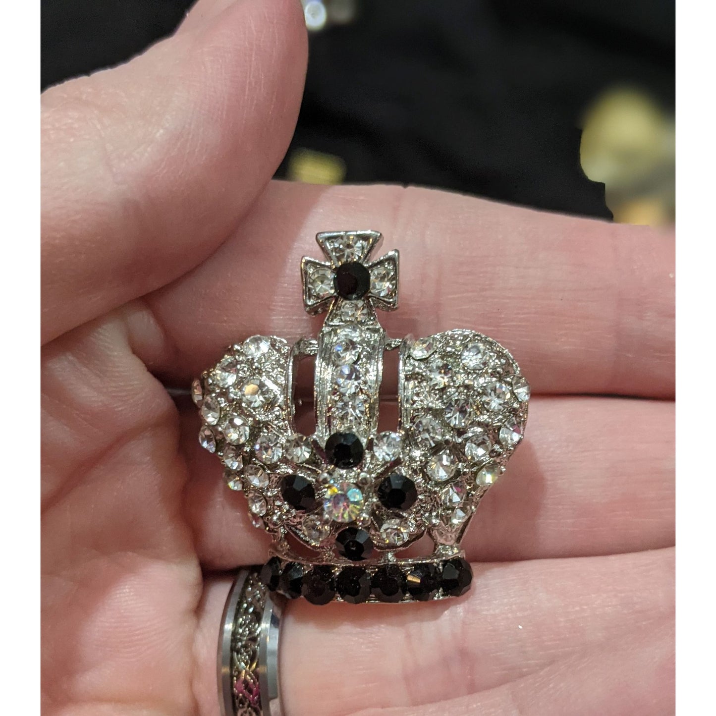 Silver And Black Rhinestone Crown Brooch