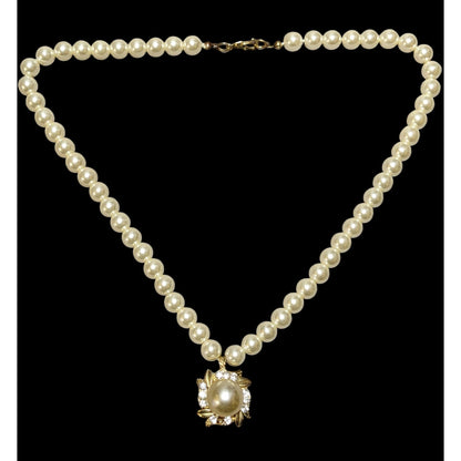 Vintage Floral Gold Pearl Rhinestone Pendant Necklace