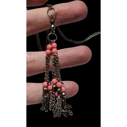 Pink And Silver Beaded Chain Tassel Necklace