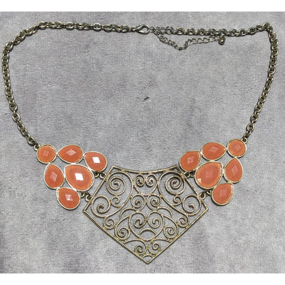 Vintage Gold Tone Filigree Bib Necklace With Orange Stones