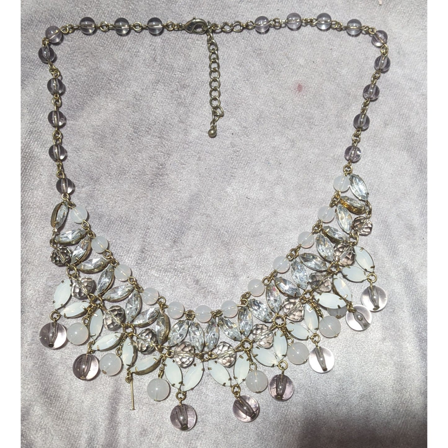 Elegant White And Silver Beaded Gem Bib Necklace