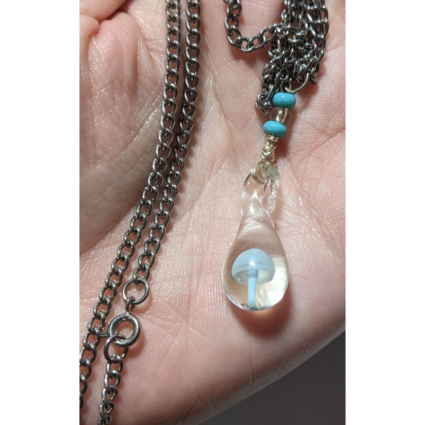 Light Blue Glass Mushroom Water Drop Pendant Necklace