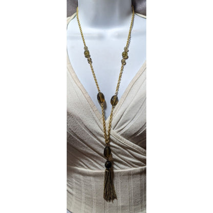 Glass Beaded Gold Chain Tassel  Necklace