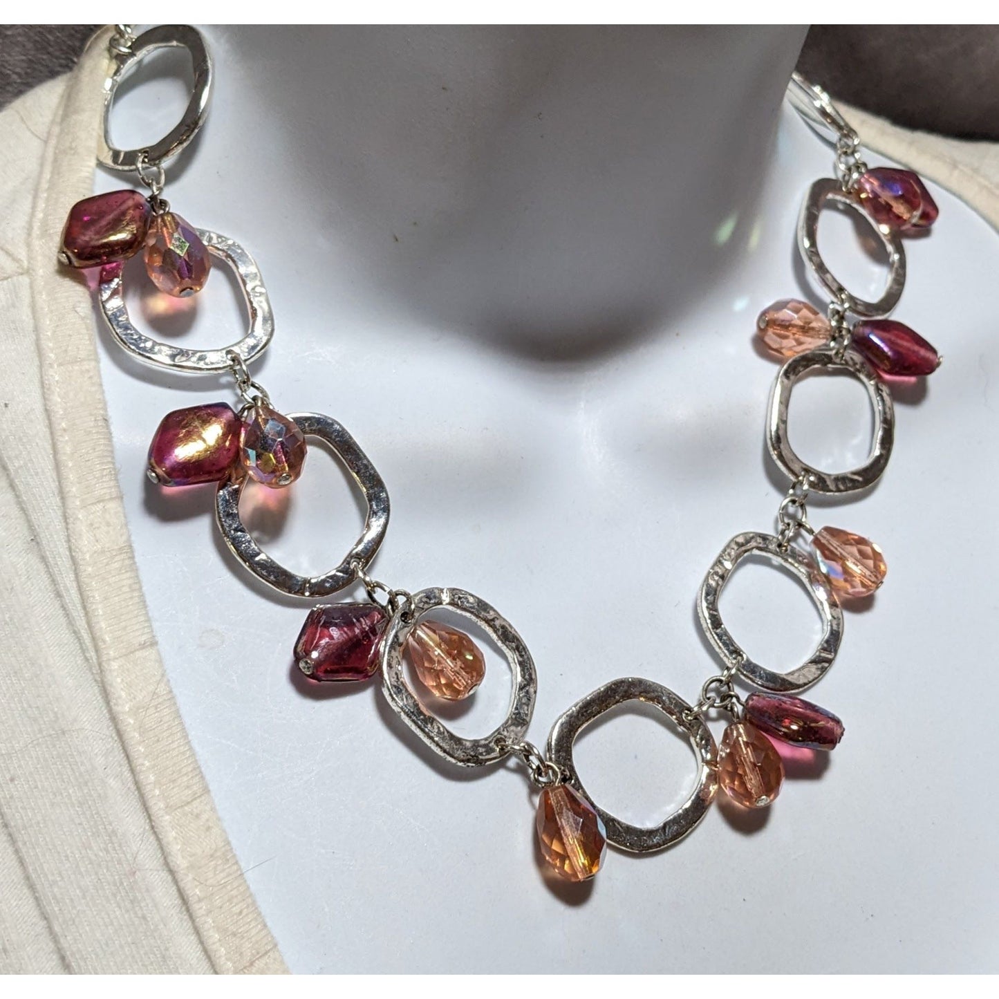 Pink And Silver Abstract Link Beaded Necklace