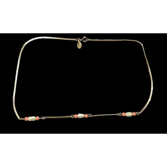 Vintage Gold Avon Chain Necklace With Coral & Pearl Beads