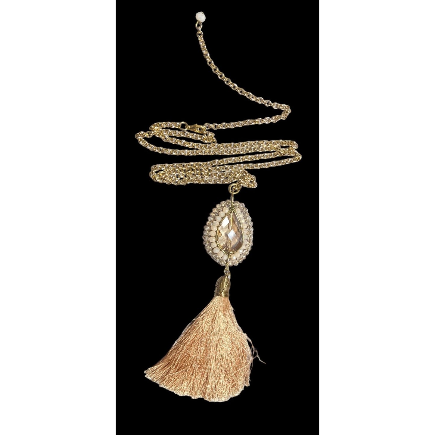 Bohemian Crystal Pendant Necklace With Tassel & Beaded Details