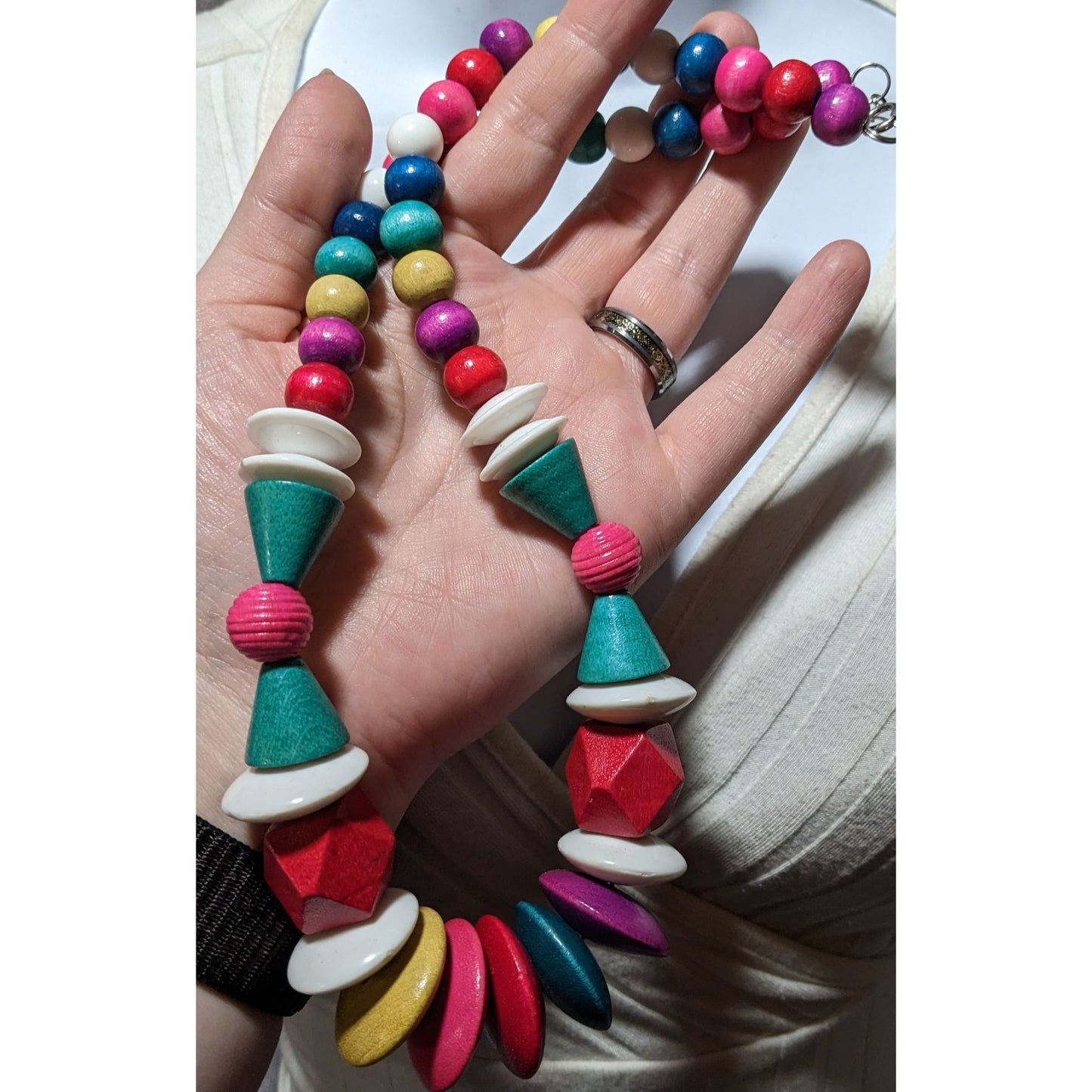 Vintage Rainbow Wood Beaded Statement Necklace