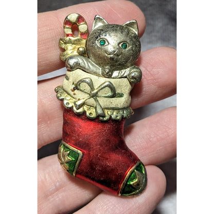 Vintage Danecraft Cat In Stocking Brooch